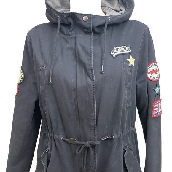 SUPERDRY Pacific Patch Parka Hooded Jacket‎ Black, full zip size US 8/ Medium - Picture 3 of 13